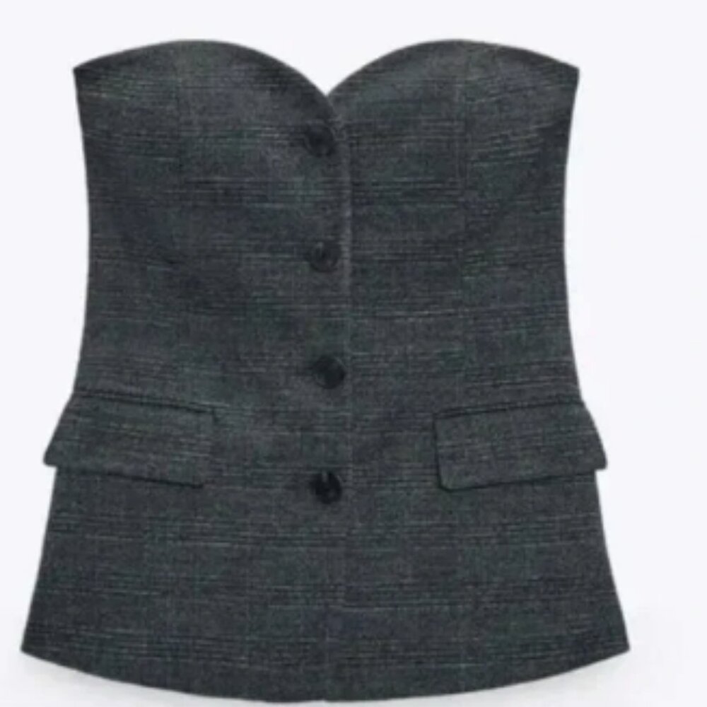 Zara Charcoal Plaid Strapless Top